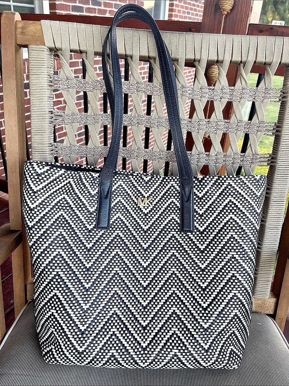 Michael Kors Bay Large Woven Canvas Tote Bag Black & White